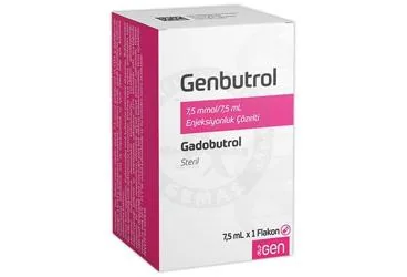 Gadobutrol içeren çözelti: GENBUTROL 7,5 MMOL/7,5 ML ENJEKSIYONLUK COZELTI kutusu. Üretici: GEN İLAÇ VE SAĞLIK ÜRÜNLERİ SAN.VE TİC. A.Ş.