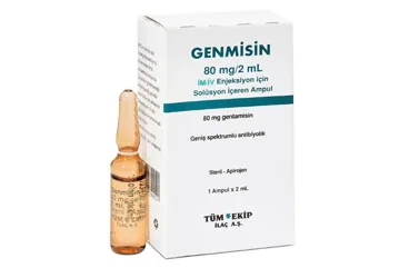 Gentamisin içeren ampul: GENMISIN 80 MG 1 AMPUL ürün ambalajı. Üretici: TÜM - EKİP İLAÇ A.Ş.