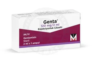 GENTA 120 MG/2 ML ENJEKSIYONLUK COZELTI ambalajı. Gentamisin içeren çözelti. Üretici: MENARİNİ SAĞLIK VE İLAÇ SANAYİ TİCARET ANONİM ŞİRKETİ.