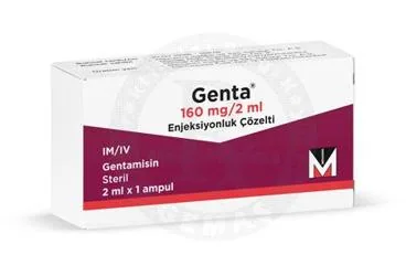 Gentamisin içeren çözelti: GENTA 160 MG/2 ML ENJEKSIYONLUK COZELTI ürün ambalajı. Üretici: MENARİNİ SAĞLIK VE İLAÇ SANAYİ TİCARET ANONİM ŞİRKETİ.
