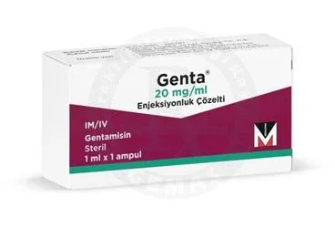 GENTA 20 MG/ML ENJEKSIYONLUK COZELTI kutu fotoğrafı. Gentamisin içeren çözelti. Üretici: MENARİNİ SAĞLIK VE İLAÇ SANAYİ TİCARET ANONİM ŞİRKETİ.
