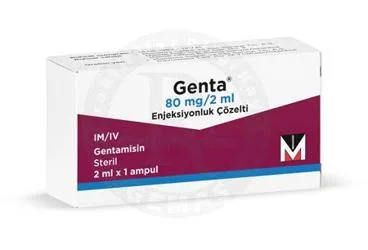 Gentamisin içeren çözelti: GENTA 80 MG/2 ML ENJEKSIYONLUK COZELTI ürün ambalajı. Üretici: MENARİNİ SAĞLIK VE İLAÇ SANAYİ TİCARET ANONİM ŞİRKETİ.