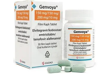 GENVOYA 150 MG/150 MG/200 MG/10 MG 30 FILM TABLET kutu fotoğrafı, film kaplı tablet formunda elvitegravir + kobisistat + emtrisitabin + tenofovir içerir. Üretici: GİLEAD SCİENCES İLAÇ TİCARET LTD. ŞTİ.