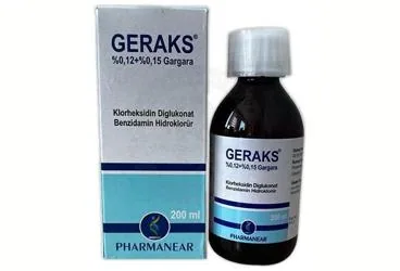 GERAKS %0,12+%0,15 GARGARA (200 ML) ambalajı. Etkin maddesi benzidamin kombinasyonları -oral. Üretici: İSTANBUL İLAÇ SANAYİ VE TİCARET ANONİM ŞİRKETİ.