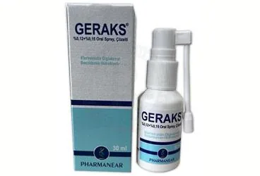 GERAKS %0,12+%0,15 ORAL SPREY, COZELTI (30 ML) kutusu. Benzidamin kombinasyonları -oral içeren çözelti. Üretici: İSTANBUL İLAÇ SANAYİ VE TİCARET ANONİM ŞİRKETİ.