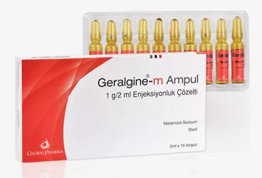 GERALGINE-M 1000 MG/2 ML IM/IV ENJEKSIYONLUK COZELTI (10 AMPUL) (metamizol sodyum) ambalajı, çözelti. Üretici: GLOBAL PHARMA İLAÇ SANAYİ VE TİCARET ANONİM ŞİRKETİ.