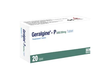 GERALGINE-P 500/30 MG 20 TABLET kutusu, tablet formunda parasetamol + kafein içerir. Üretici: BİOFARMA İLAÇ SANAYİ VE TİCARET A.Ş.
