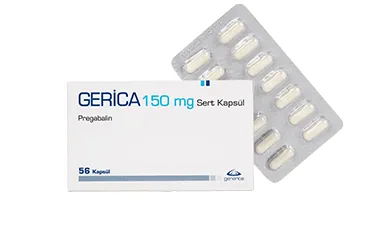 GERICA 150 MG 56 SERT KAPSUL kutu fotoğrafı, kapsül formunda pregabalin içerir. Üretici: GENVEON İLAÇ SANAYİ VE TİCARET ANONİM ŞİRKETİ.