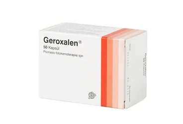 GEROXALEN 10 MG 50 KAPSÜL kutu fotoğrafı, kapsül formunda metoksipsoralen içerir. Üretici: LİBA LABORATUARLARI A.Ş.