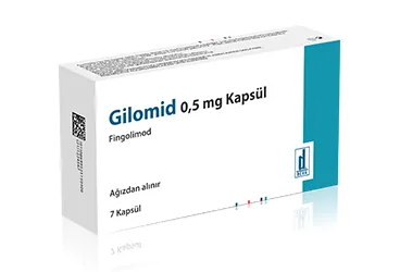 GİLOMİD 0,5 MG SERT KAPSÜL, 7 ADET ürün ambalajı. Fingolimod hidroklorür içeren kapsül. Üretici: DEVA HOLDİNG A.Ş.