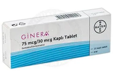 GINERA 21 DRAJE ambalajı. Etkin maddesi estradiol + gestoden. Üretici: BAYER TÜRK KİMYA SAN. LTD. ŞTİ.