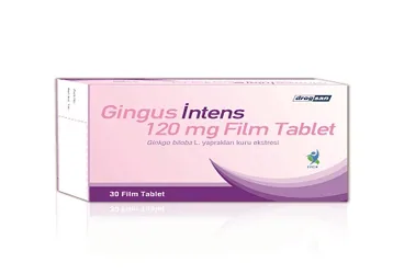 GINGUS INTENS 120 MG 30 FILM TABLET (ginkgo biloba ekstresi) ürün ambalajı, film kaplı tablet. Üretici: DROGSAN İLAÇLARI SAN. VE TİC. A.Ş.