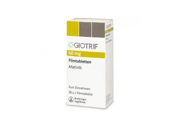 Afatinib içeren film kaplı tablet: GIOTRIF 40 MG 28 FILM KAPLI TABLET kutusu. Üretici: BOEHRİNGER INGELHEİM İLAÇ TİCARET A.Ş.