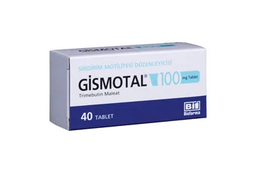 GISMOTAL 100 MG 40 TABLET (trimebutin maleat) ambalajı, tablet. Üretici: BİOFARMA İLAÇ SANAYİ VE TİCARET A.Ş.