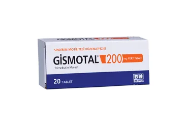 Trimebutin maleat içeren tablet: GISMOTAL 200 MG FORT 20 TABLET kutusu. Üretici: BİOFARMA İLAÇ SANAYİ VE TİCARET A.Ş.