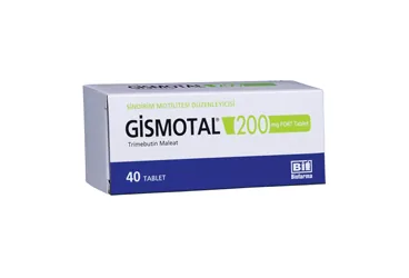 GISMOTAL 200 MG FORT 40 TABLET kutu fotoğrafı. Trimebutin maleat içeren tablet. Üretici: BİOFARMA İLAÇ SANAYİ VE TİCARET A.Ş.