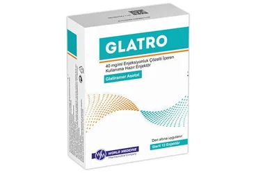 GLATRO 40 MG/ML ENJEKSIYONLUK COZELTI ICEREN KULLANIMA HAZIR ENJEKTOR (12 ADET) kutu fotoğrafı, çözelti formunda glatiramer asetat içerir. Üretici: WORLD MEDICINE İLAÇ SAN. VE TİC. A.Ş.