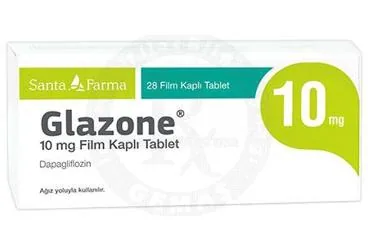 GLAZONE 10 MG FILM KAPLI TABLET (28 TABLET) ürün ambalajı. Dapagliflozin içeren film kaplı tablet. Üretici: SANTA FARMA İLAÇ SAN. A.Ş.
