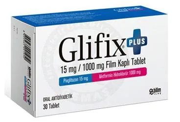 GLIFIX PLUS 15/1000 MG FILM KAPLI TABLET (30 TABLET) ürün ambalajı, film kaplı tablet formunda metformin + pioglitazon içerir. Üretici: BİLİM İLAÇ SANAYİİ VE TİCARET A.Ş.