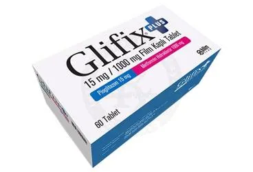 GLIFIX PLUS 15/1000 MG FILM KAPLI TABLET (60 TABLET) ürün ambalajı, film kaplı tablet formunda metformin + pioglitazon içerir. Üretici: BİLİM İLAÇ SANAYİİ VE TİCARET A.Ş.