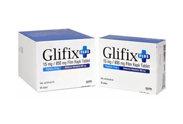 Metformin + pioglitazon içeren film kaplı tablet: GLIFIX PLUS 15/850 MG 30 FILM KAPLI TABLET kutusu. Üretici: BİLİM İLAÇ SANAYİİ VE TİCARET A.Ş.