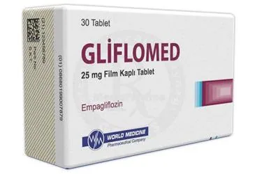 GLIFLOMED 25 MG FILM KAPLI TABLET (30 TABLET) ambalajı, film kaplı tablet formunda empagliflozin içerir. Üretici: WORLD MEDICINE İLAÇ SAN. VE TİC. A.Ş.