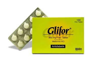 Metformin içeren film kaplı tablet: GLIFOR 850 MG 100 FILM TABLET ambalajı. Üretici: BİLİM İLAÇ SANAYİİ VE TİCARET A.Ş.