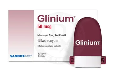 Glikopironyum bromid içeren inhalasyon aerosolü: GLINIUM 50 MCG INHALASYON TOZU, SERT KAPSUL (30 ADET) kutusu. Üretici: SANDOZ İLAÇ SANAYİ VE TİCARET A.Ş.