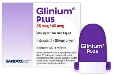 GLINIUM PLUS 85 MCG / 43 MCG INHALASYON TOZU SERT KAPSUL (indakaterol + glikopironyum bromid) ambalajı, inhalasyon aerosolü. Üretici: SANDOZ İLAÇ SANAYİ VE TİCARET A.Ş.