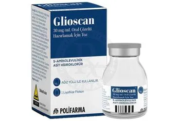 GLIOSCAN 30 MG/ML ORAL COZELTI HAZIRLAMAK ICIN TOZ (1 FLAKON) (aminolevulinik asit) kutu fotoğrafı, çözelti. Üretici: POLİFARMA İLAÇ SAN. VE TİC. A.Ş.