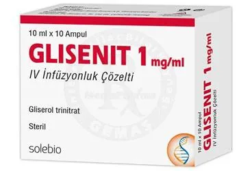 GLISENIT 1 MG/1 ML IV INFUZYONLUK COZELTI (10 ADET) ürün ambalajı. Gliseril trinitrat içeren çözelti. Üretici: SOLEBİO İLAÇ SANAYİ İTHALAT İHRACAT A.Ş.