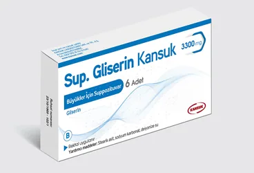 Gliserin Kansuk 3300 mg Yetişkinler için Supozituvar ambalajı, supozituvar formunda glycerol içerir. Üretici: KANSUK LABORATUVARI SAN. VE TİC. A.Ş.