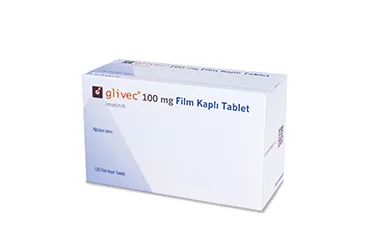 Imatinib içeren film kaplı tablet: GLIVEC 100 MG 120 FILM TABLET ambalajı. Üretici: NOVARTİS SAĞLIK GIDA VE TARIM ÜRÜNLERİ SANAYİ VE TİCARET ANONİM ŞİRKETİ.