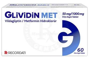 GLIVIDIN MET 50 MG/1000 MG FILM KAPLI TABLET (60 ADET) (metformin + vildagliptin) kutusu, film kaplı tablet. Üretici: RECORDATİ İLAÇ SANAYİ VE TİCARET ANONİM ŞİRKETİ.