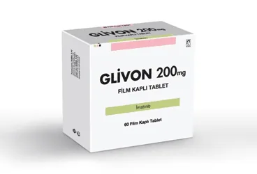 GLIVON 200 MG 60 FILM KAPLI TABLET ürün ambalajı. Imatinib içeren film kaplı tablet. Üretici: NOBEL İLAÇ SAN. VE TİC. A.Ş.
