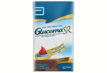 Enteral beslenme içeren GLUCERNA SR CIKOLATA AROMALI 230 ML ambalajı. Üretici: ABBOTT LABORATUARLARI İTHALAT İHRACAT VE TİCARET LİMİTED ŞİRKETİ.