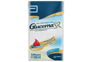 GLUCERNA SR VANILYA AROMALI 230 ML ürün ambalajı. Etkin maddesi protein+karbonhidrat+yag+vit+mineral. Üretici: ABBOTT LABORATUARLARI İTHALAT İHRACAT VE TİCARET LİMİTED ŞİRKETİ.