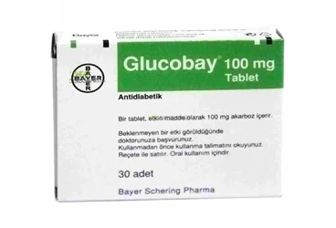 GLUCOBAY 100 MG 30 TABLET (akarboz) ambalajı, tablet. Üretici: BAYER TÜRK KİMYA SAN. LTD. ŞTİ.