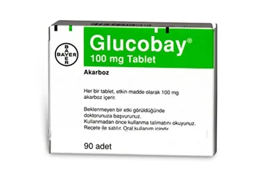 GLUCOBAY 100 MG 90 TABLET ürün ambalajı. Akarboz içeren tablet. Üretici: BAYER TÜRK KİMYA SAN. LTD. ŞTİ.