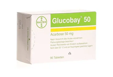 GLUCOBAY 50 MG 90 TABLET ürün ambalajı. Akarboz içeren tablet. Üretici: BAYER TÜRK KİMYA SAN. LTD. ŞTİ.