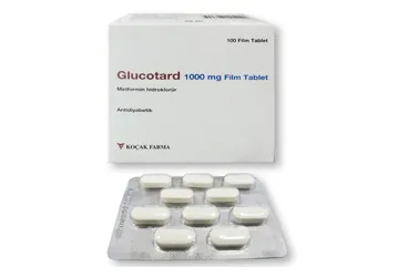GLUCOTARD 1000 MG 100 FILM KAPLI TABLET kutu fotoğrafı, film kaplı tablet formunda metformin içerir. Üretici: KOÇAK FARMA İLAÇ VE KİMYA SANAYİ A.Ş.