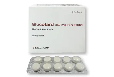 GLUCOTARD 850 MG 100 FILM TABLET kutusu, film kaplı tablet formunda metformin içerir. Üretici: KOÇAK FARMA İLAÇ VE KİMYA SANAYİ A.Ş.