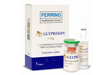 Terlipressin asetat içeren ampul: GLYPRESSIN 1 MG IV ENJEKSİYONLUK TOZ İÇEREN FLAKON VE ÇÖZÜCÜ AMPUL kutusu. Üretici: FERRİNG İLAÇ SANAYİ VE TİCARET LTD. ŞTİ.