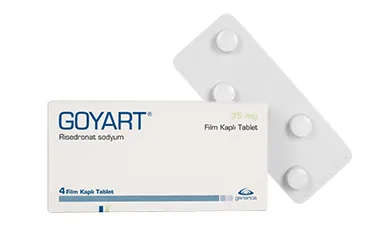 GOYART 35 MG FILM KAPLI TABLET, 12 ADET ambalajı, film kaplı tablet formunda risedronat sodyum içerir. Üretici: GENVEON İLAÇ SAN. VE TİC. A.Ş.