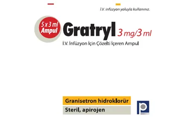 GRATRYL 3 MG/3 ML IV INFUZYON ICIN COZELTI ICEREN 5 AMPUL ürün ambalajı, çözelti formunda granisetron içerir. Üretici: PHARMADA İLAÇ SANAYİ VE TİCARET A.Ş.