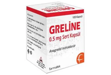 GRELINE 0,5 MG SERT KAPSUL ambalajı. Anagrelid içeren kapsül. Üretici: FARMA-TEK İLAÇ SANAYİ VE TİCARET A.Ş.