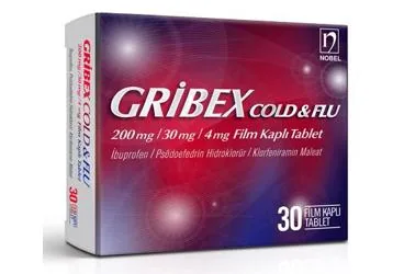 GRIBEX COLD & FLU 200 MG/30 MG/4 MG FILM KAPLI TABLET (30 TABLET) kutusu, film kaplı tablet formunda psödoefedrin kombinasyon içerir. Üretici: NOBEL İLAÇ SAN. VE TİC. A.Ş.