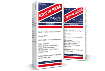 GRIPIN BEBE 120 MG/5 ML 150 ML ŞURUP ürün ambalajı. Parasetamol içeren şurup. Üretici: GRİPİN İLAÇ A.Ş.