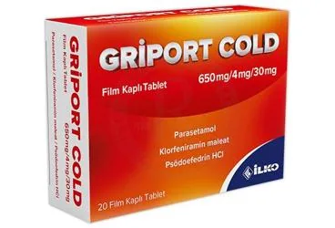 GRIPORT COLD 650 MG / 4 MG / 30 MG FILM KAPLI TABLET (20 TABLET) ürün ambalajı. Psödoefedrin kombinasyon içeren film kaplı tablet. Üretici: İLKO İLAÇ SAN. VE TİC. A.Ş.