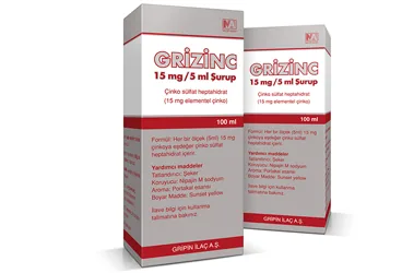 GRIZINC 15MG/5ML 100ML SURUP kutusu, şurup formunda çinko sülfat içerir. Üretici: GRİPİN İLAÇ A.Ş.